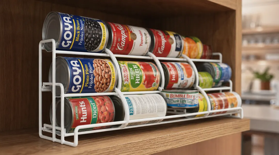 Can dispenser rack holding rows of canned beans, canned tomatoes, and tuna cans on a deep pantry shelf