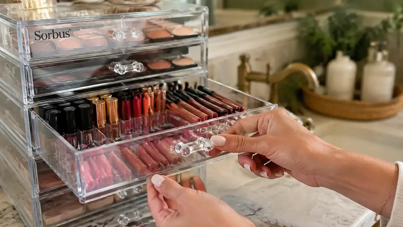 Hand sliding open a clear acrylic drawer to reveal sorted lipsticks and lip liners standing upright