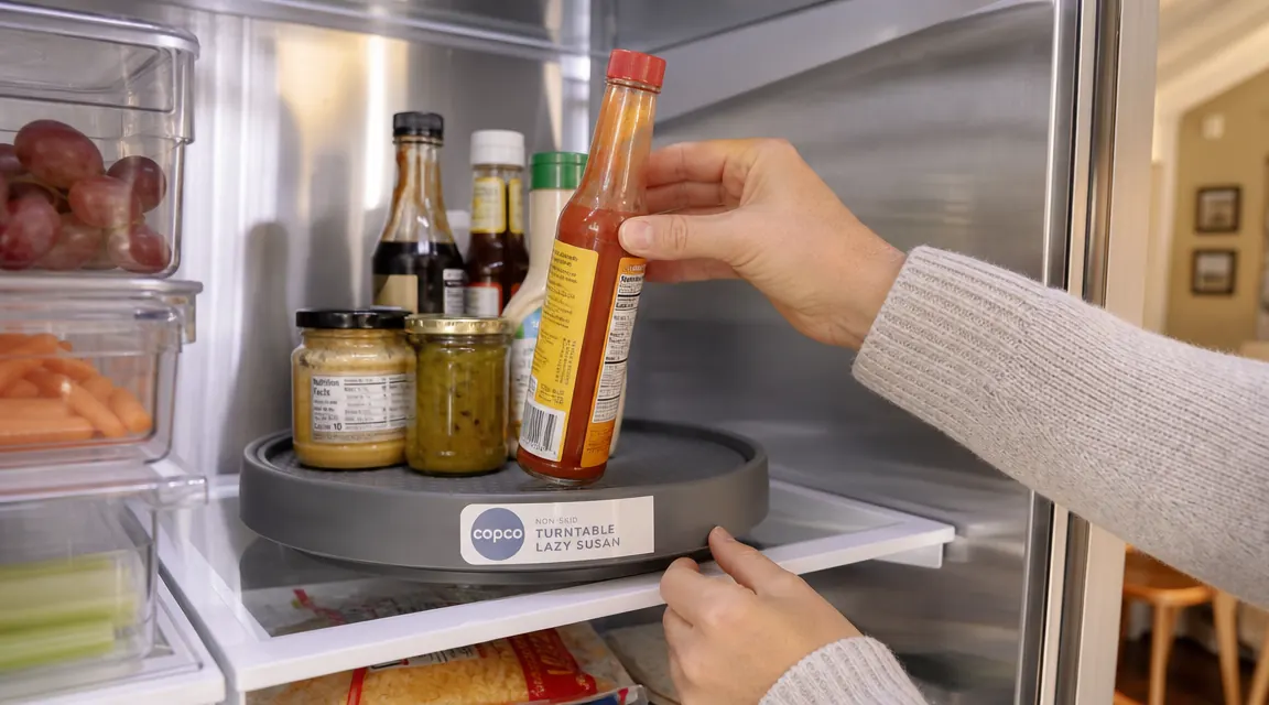 Hands placing a condiment bottle onto a Copco lazy susan on a refrigerator shelf