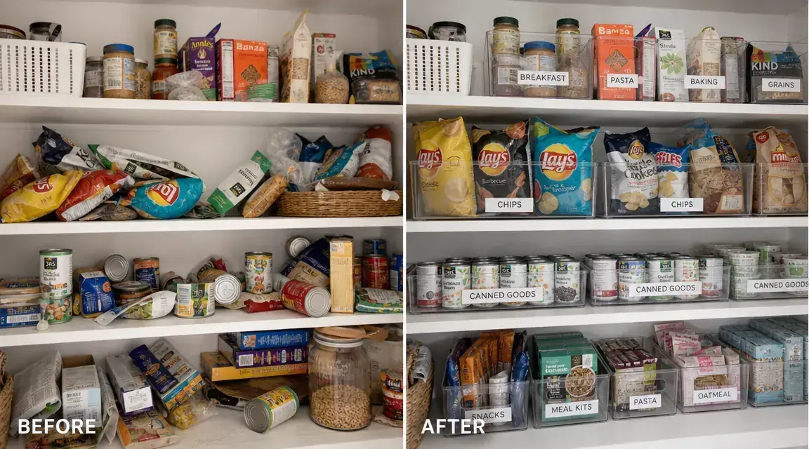 Side-by-side comparison of a disorganized pantry shelf before and a neat bin-sorted shelf after