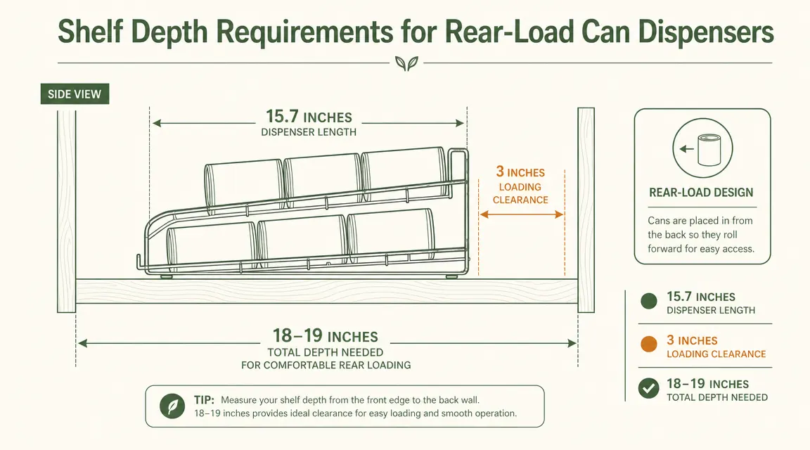 Diagram showing minimum shelf depth in inches required to properly load a can dispenser from the rear without tipping the unit