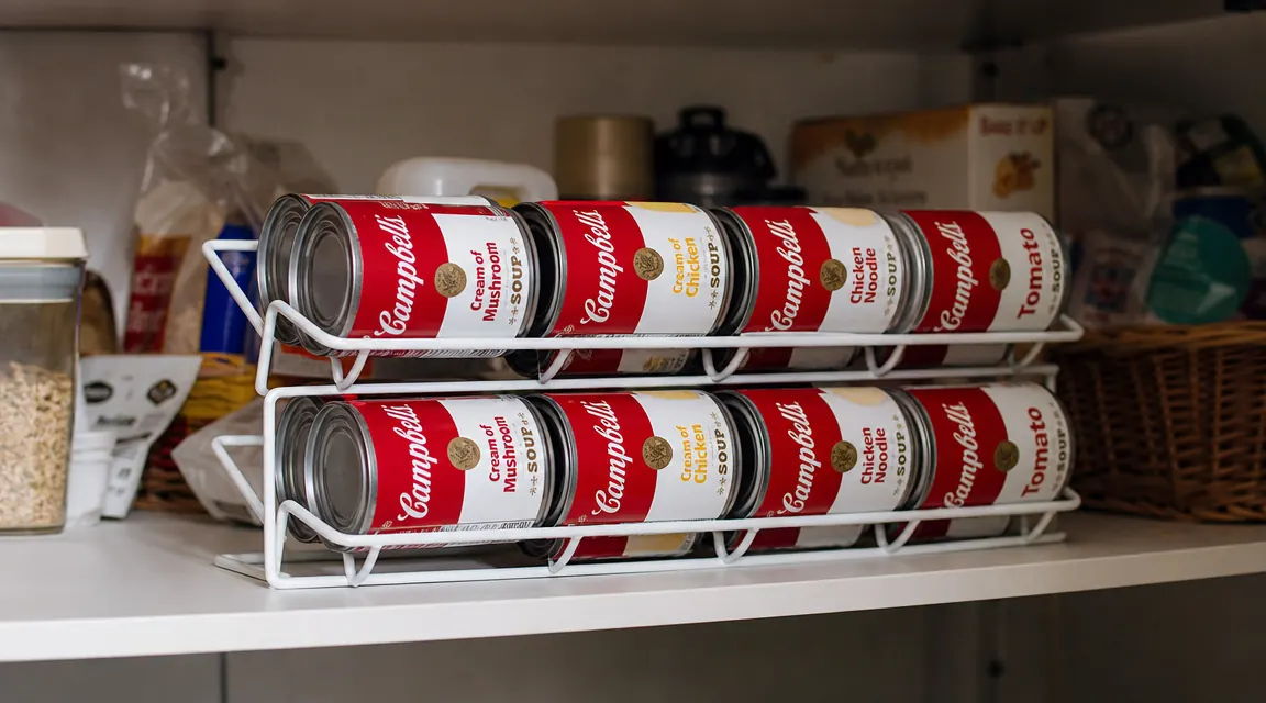 Two stacked can dispenser racks on a smooth laminate pantry shelf showing slight forward lean when fully loaded
