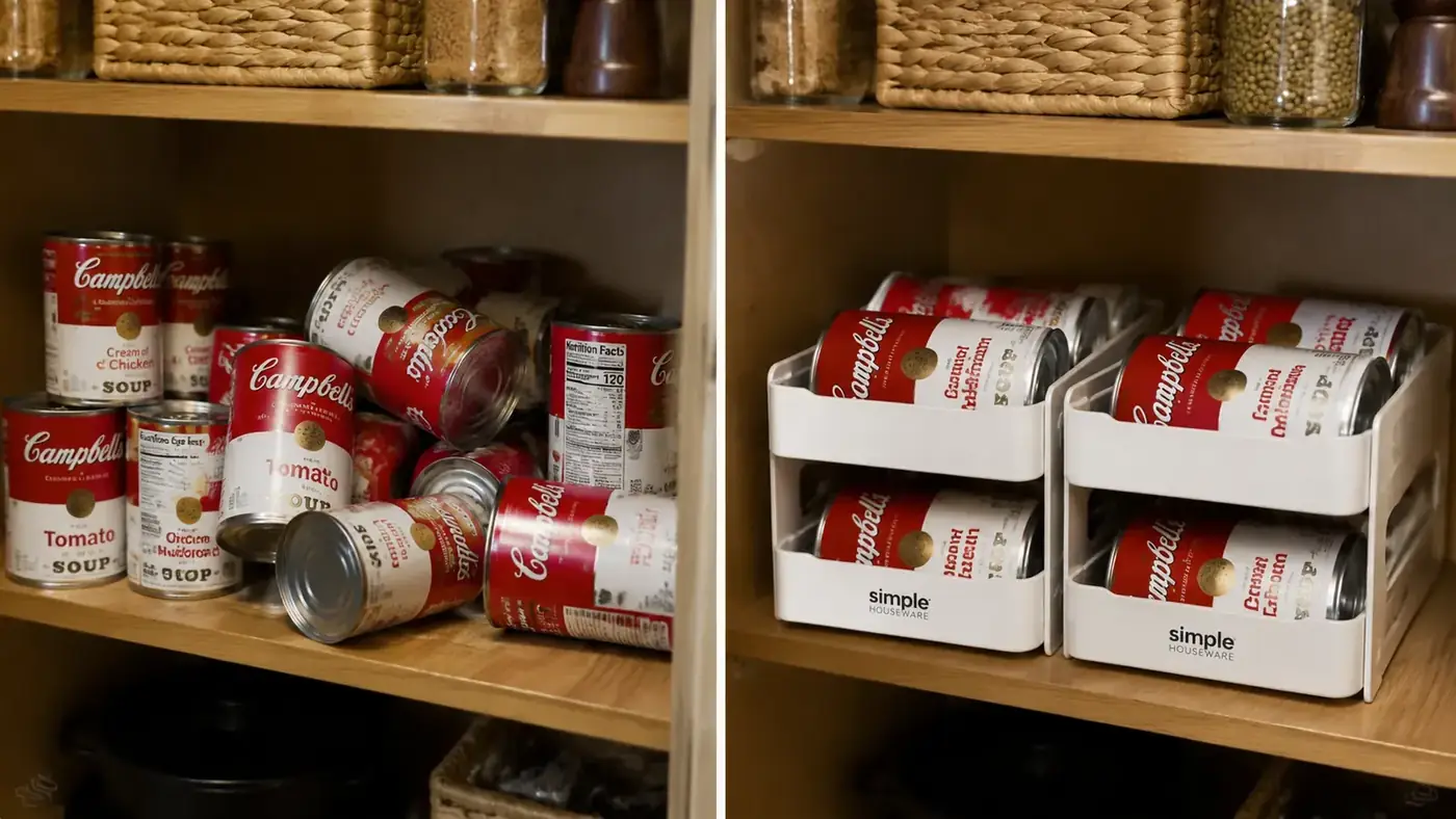 Pantry shelf before and after showing loose rolling cans replaced by organized can dispenser rack