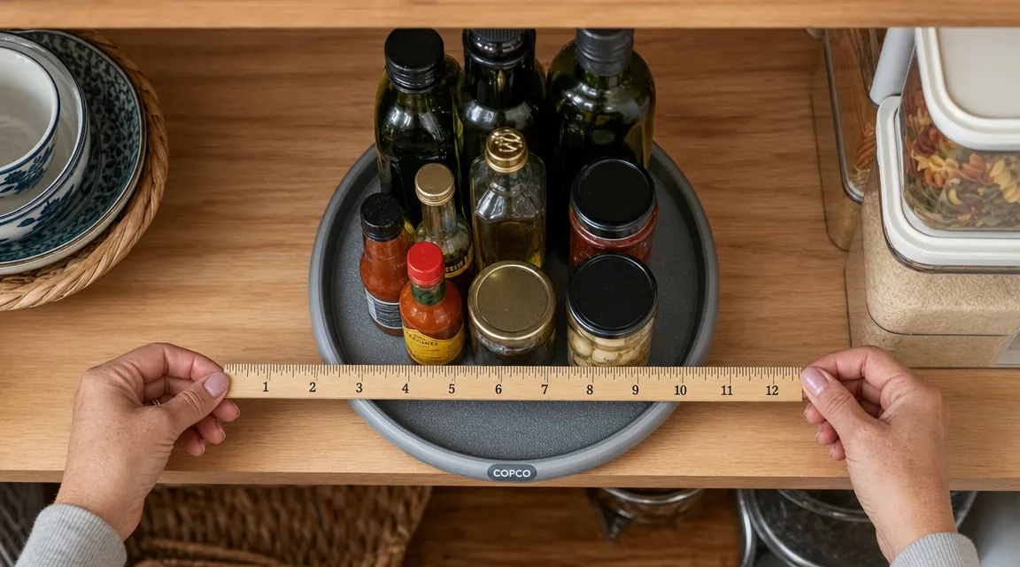 Top-down view of a 12-inch gray turntable loaded with eight bottles, measuring tape alongside showing 12 inches diameter