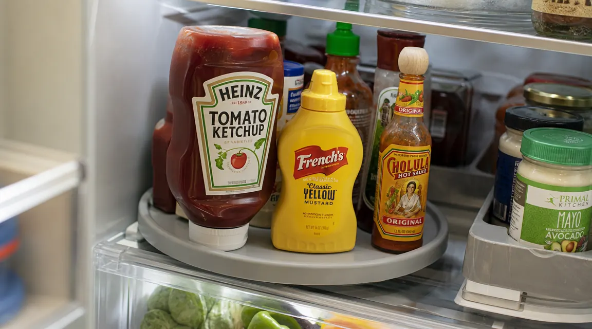 Lazy susan turntable placed inside a refrigerator drawer holding condiment bottles upright