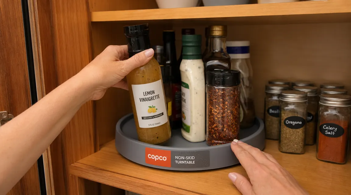 Copco turntable being loaded with grouped items, condiment bottles in one section and spice jars in another