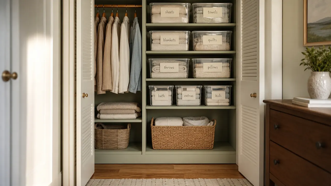Finished organized closet with clear bins, labels facing outward, and empty floor space visible below