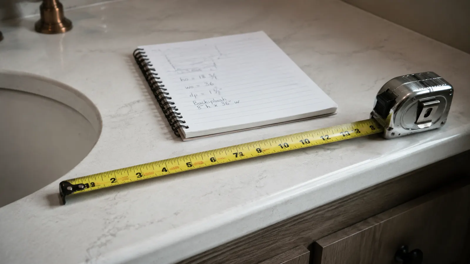 A tape measure stretched across a bathroom counter next to a paper notebook showing drawer dimension notes