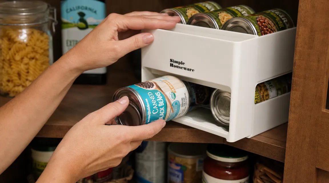 Hand pulling a can from the front of a white Simple Houseware stackable can dispenser rack on a wooden pantry shelf