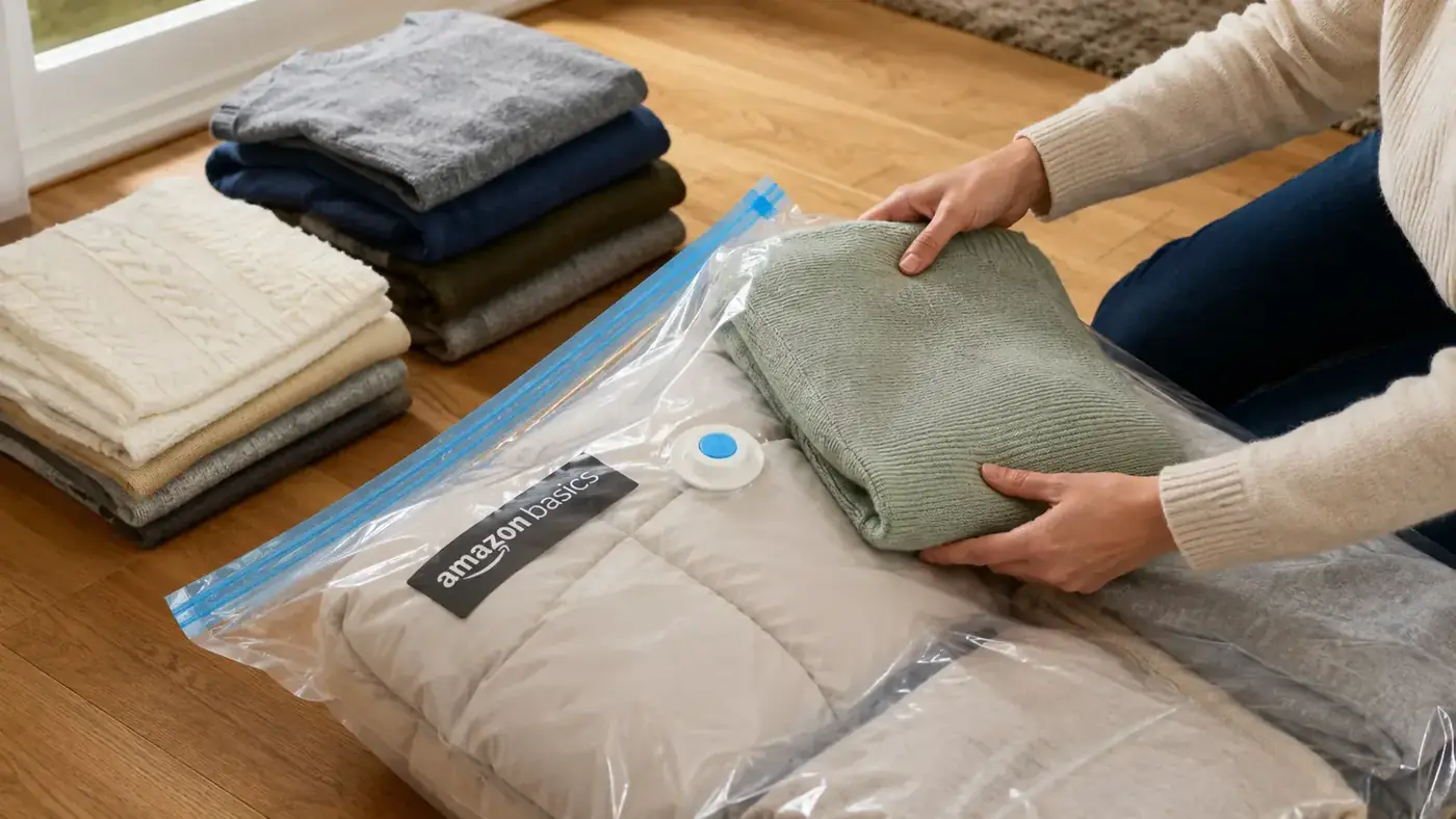 Folded winter sweaters and a down comforter being packed into an open vacuum storage bag on a bedroom floor