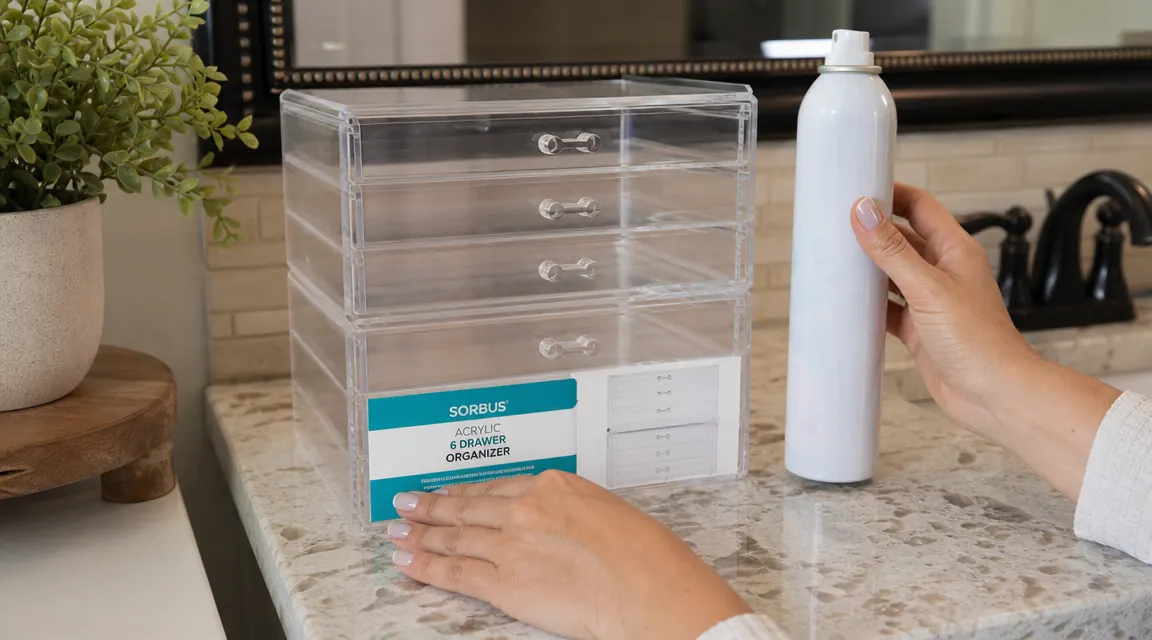 Hand placing a tall setting spray bottle next to the Sorbus organizer because it is too tall to fit inside any drawer