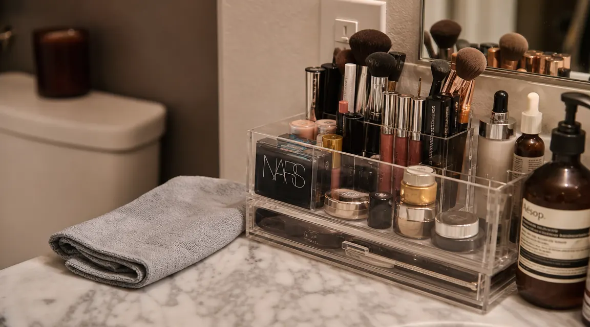 Sorbus organizer with a microfiber cloth next to it on a bathroom counter ready for the weekly wipe-down