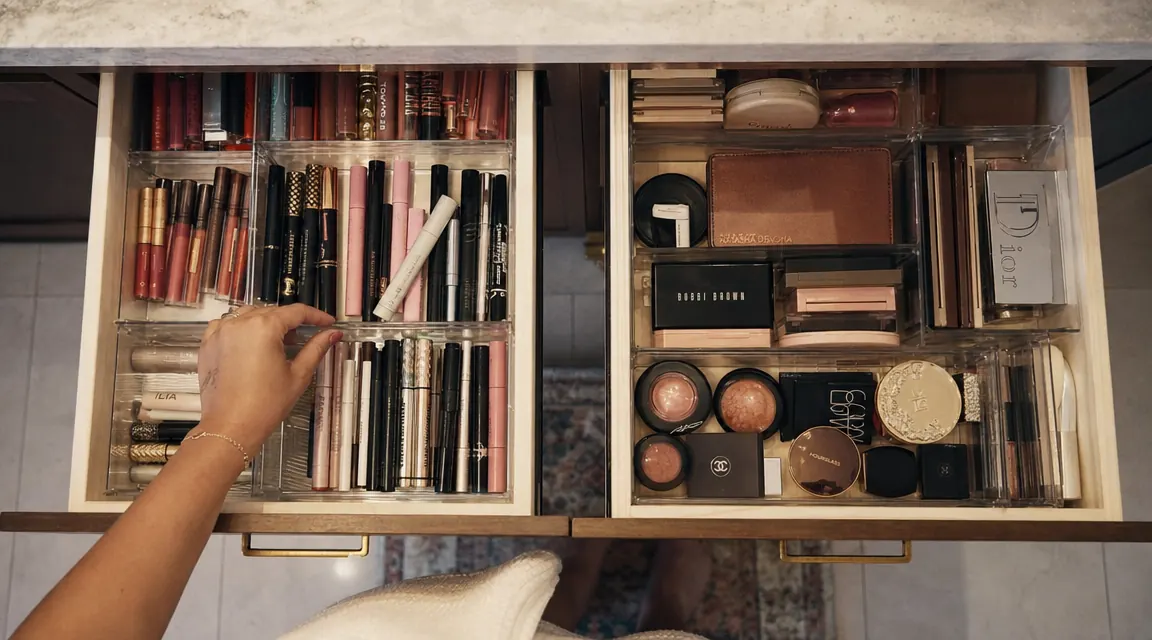 Top-down view of six acrylic drawers labeled by category showing lipsticks in one drawer and eyeshadow palettes in another