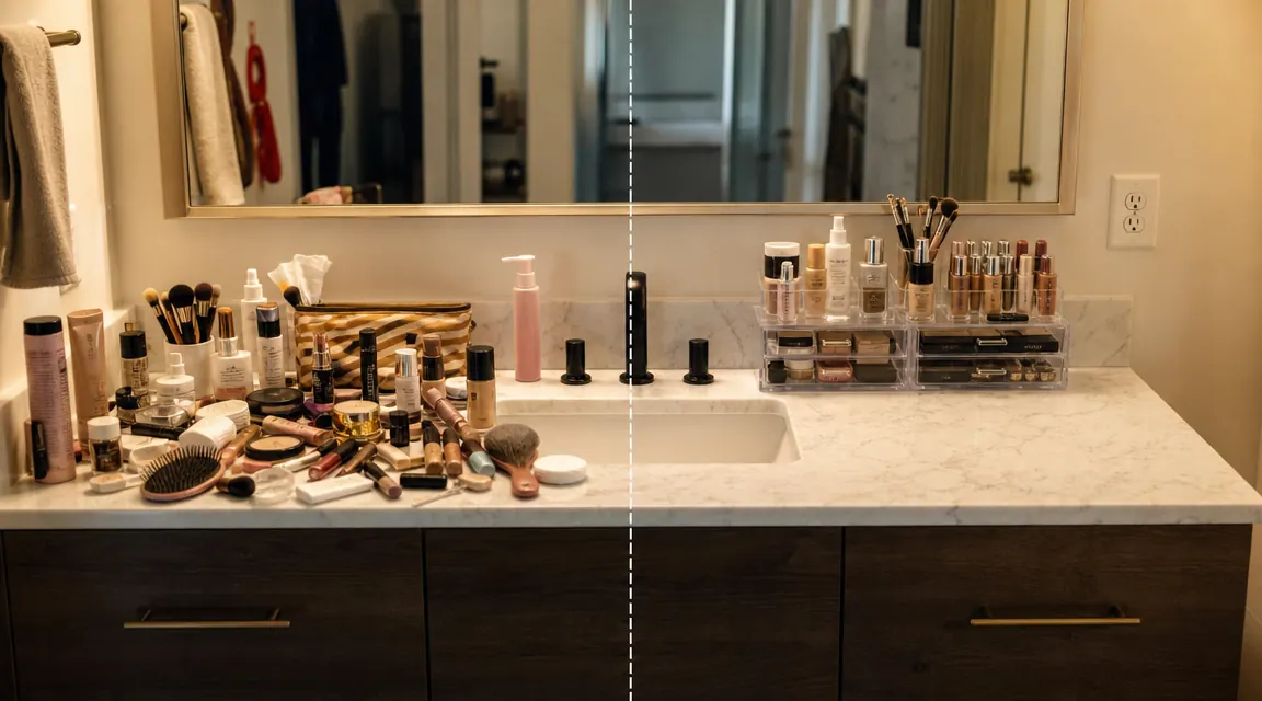 Bathroom vanity counter before and after organizing with a clear acrylic drawer set, showing scattered products versus neatly sorted items