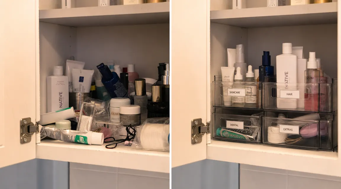 Side-by-side photo of a cluttered bathroom vanity shelf before bins versus the same shelf organized with four clear stackable bins after