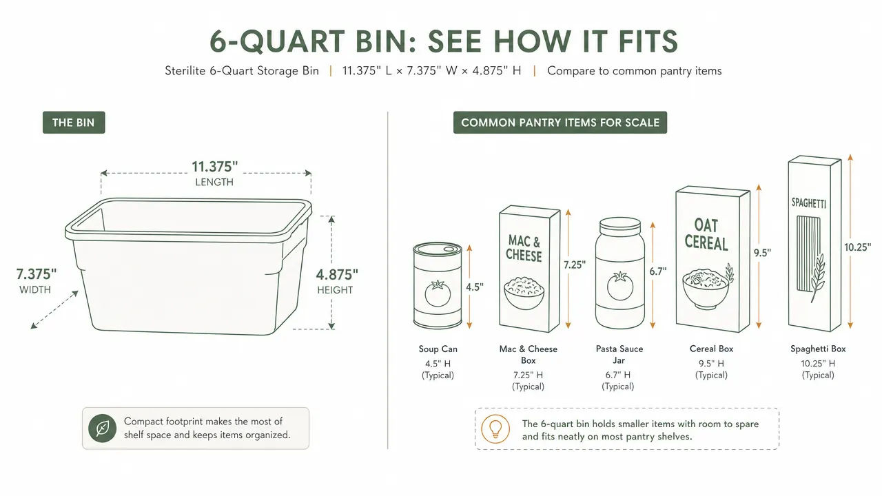 Side-by-side comparison chart showing Sterilite 6-quart bin dimensions versus a standard cereal box height
