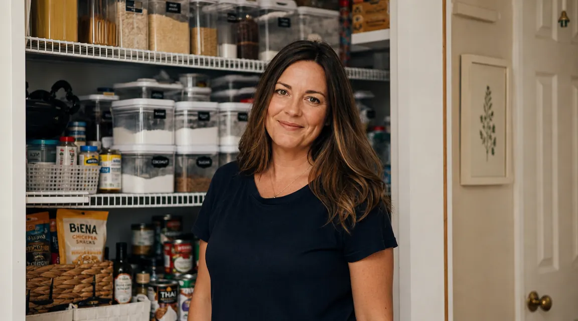 A woman standing at an open pantry looking satisfied, shelves lined with clear stackable bins, warm home environment