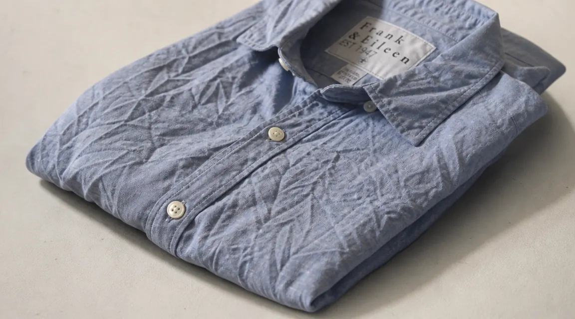 Deeply creased cotton button-down shirt laid flat after being removed from a vacuum storage bag