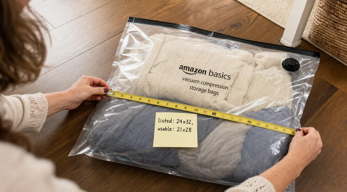 Side-by-side of a stuffed vacuum bag labeled with the listed dimensions versus the actual usable interior space marked off with a measuring tape