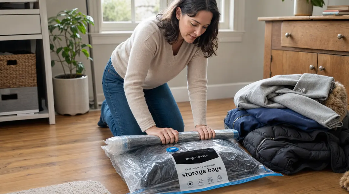 Hands rolling a vacuum storage bag to push out air before sealing, on a hardwood floor next to a pile of winter coats