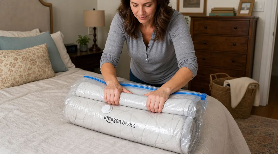 Hand rolling a vacuum storage bag closed on top of a bed, pressing out air before sealing the double zipper