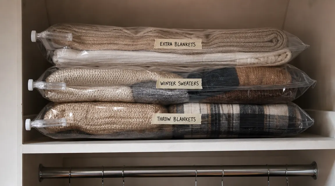 Organized closet shelf with three flat vacuum-sealed bags stacked neatly, labels visible on each bag